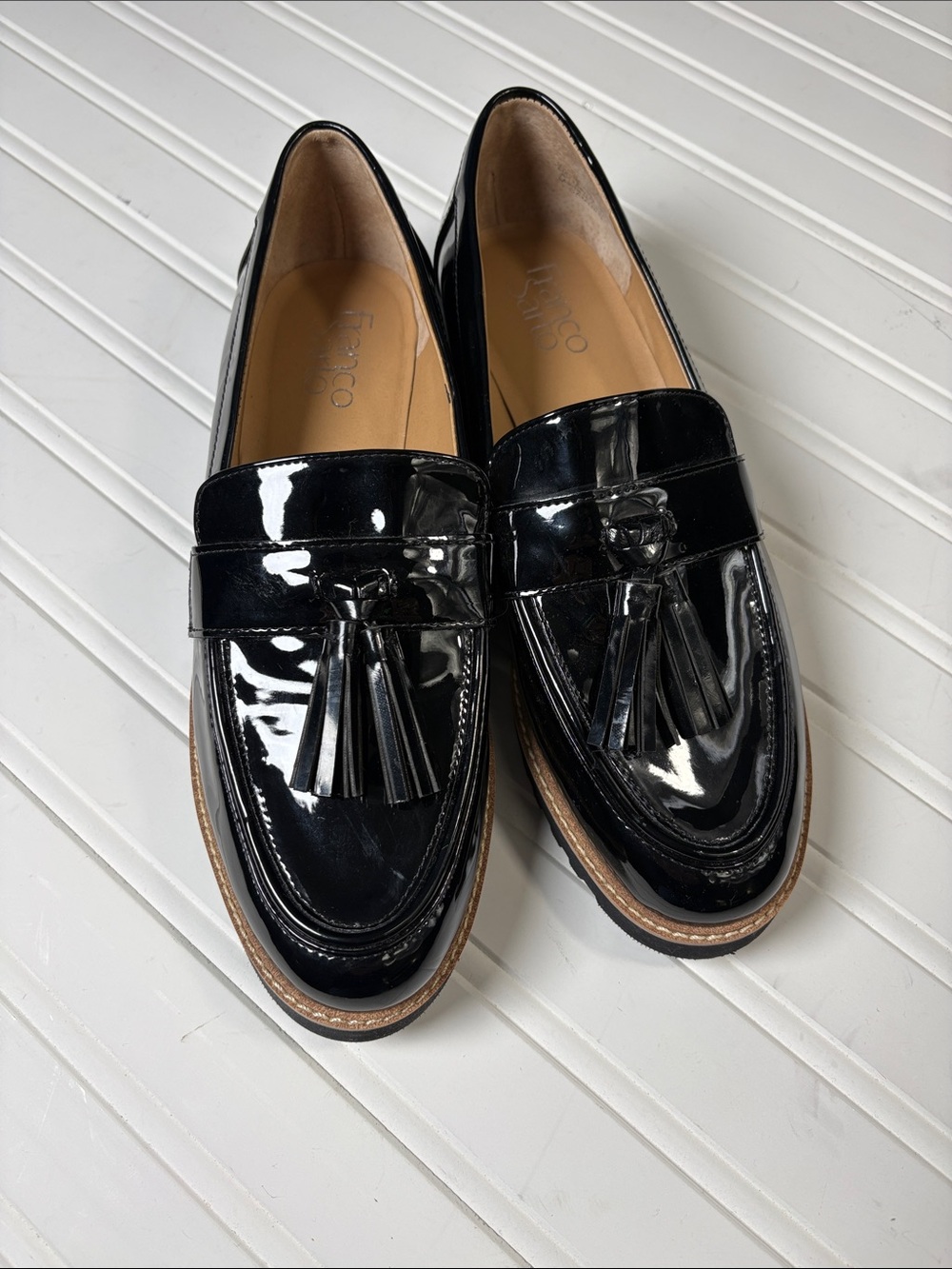 Black patent leather tassel loafers size 8